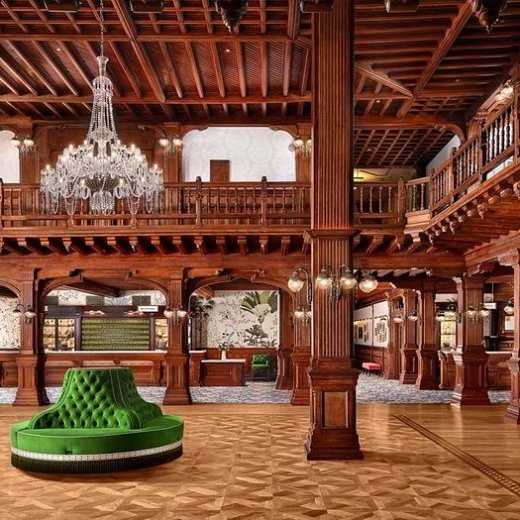 a chair sitting in front of a building