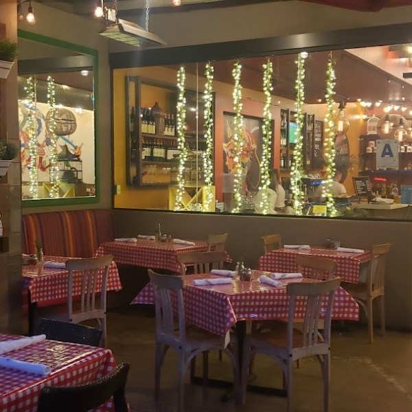 a dining room table in front of a store