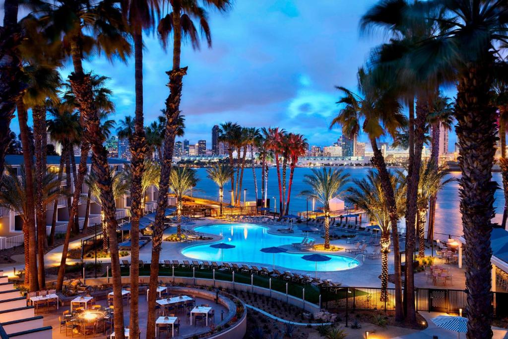 a group of palm trees next to a body of water