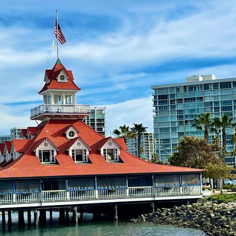 a large body of water in front of a building