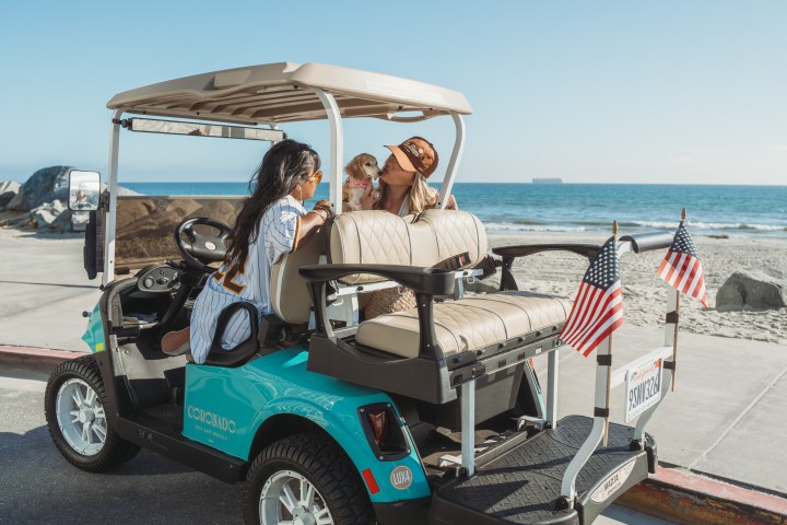 Two people with a child in a blue golf cart beside a beach, with American flags on the cart.