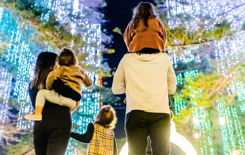 Family viewing festive light display at night with children on shoulders.